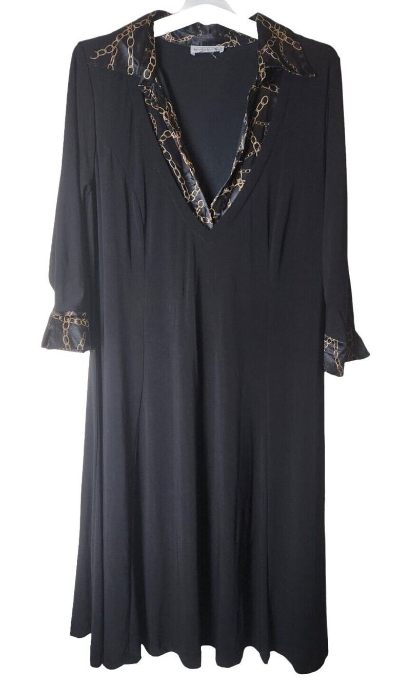 Jessica London Women's Size 16W Gold Chain Print Black Maxi Dress Stretch Knit